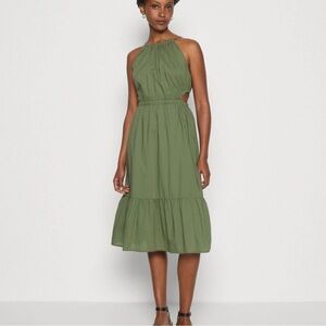 Gap Sz Small Halter Dress Cotton Midi Green Ruffle Milkmaid